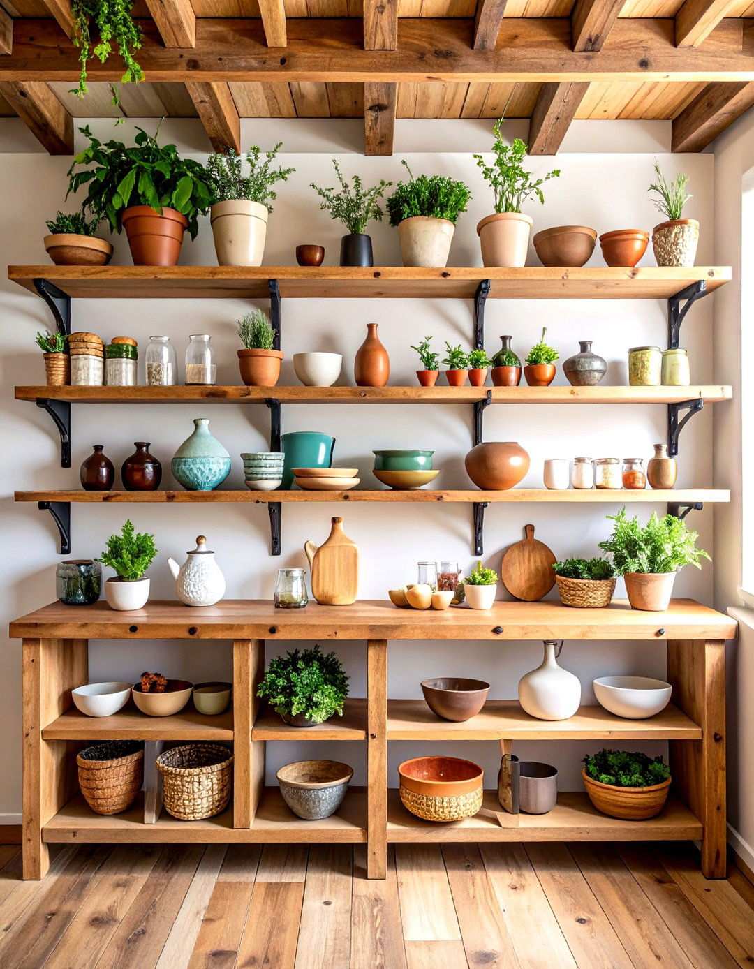Open Shelving with Rustic Wood Planks - 24 Spanish Style Kitchen Ideas