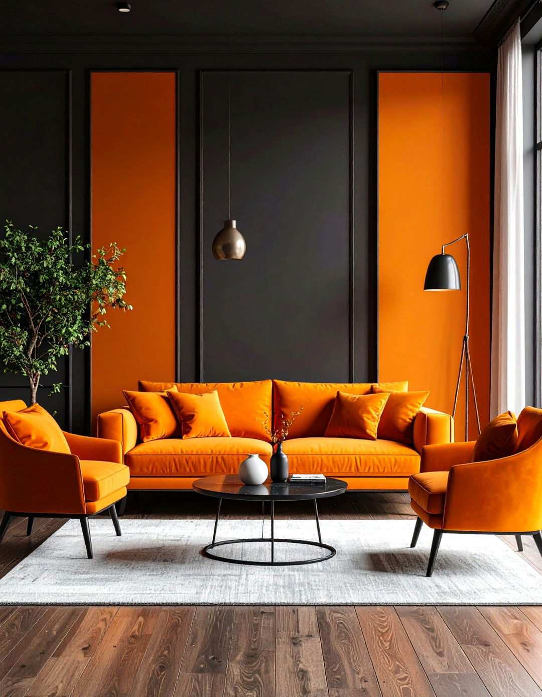 Orange and Charcoal Dramatic Living Room - 24 Orange and Grey Living Room Ideas