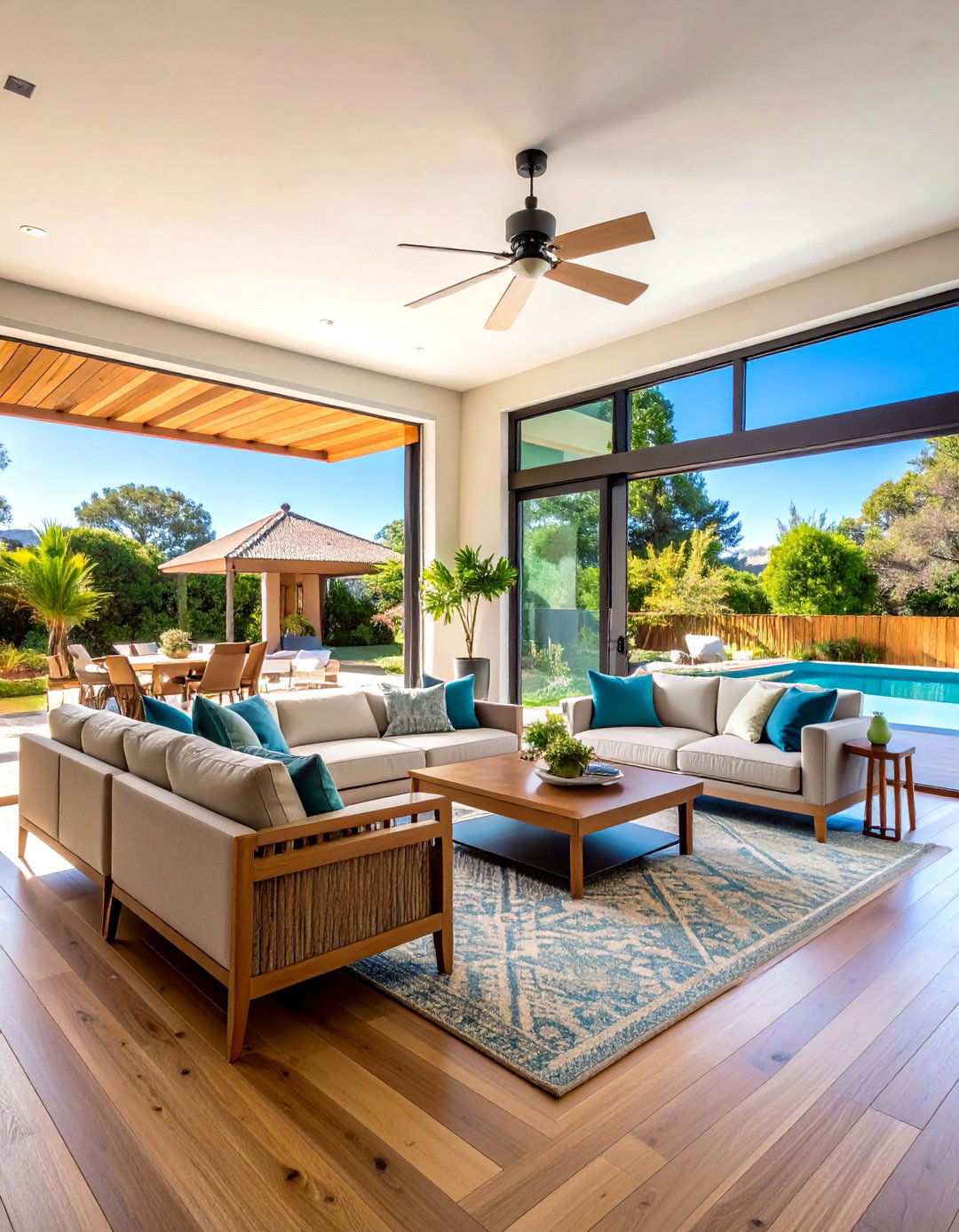 Outdoor Connection Seamless Transition - 24 Open Concept Vaulted Ceiling Living Room Ideas