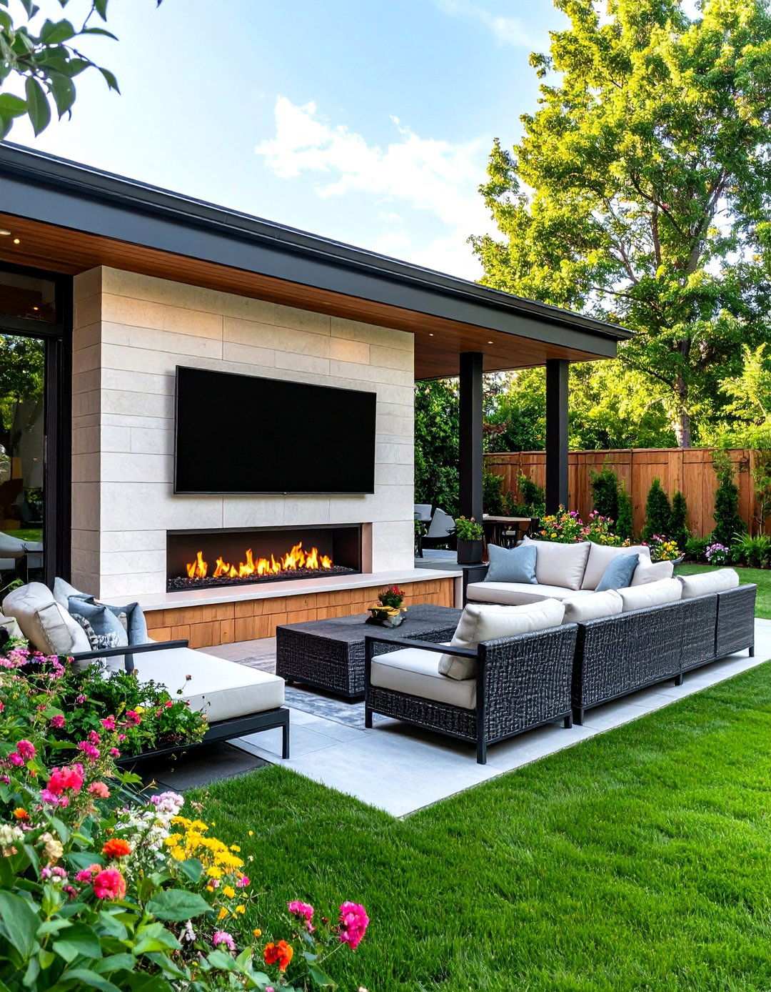 Outdoor Fireplace Entertainment Wall - 24 Outdoor Fireplace Ideas