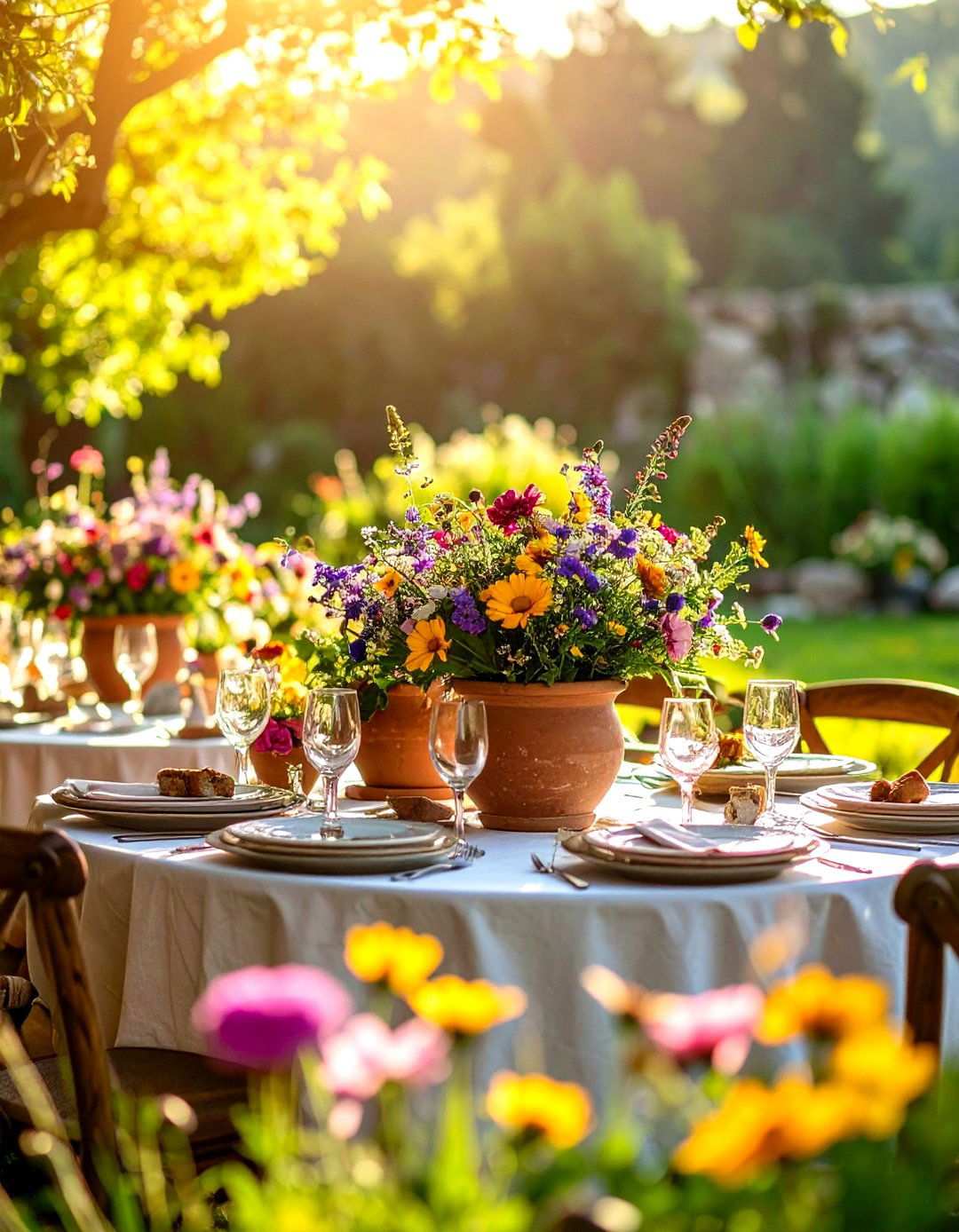 Outdoor Garden Party with Natural Stone and Wildflowers - 24 Round Table Decor Ideas