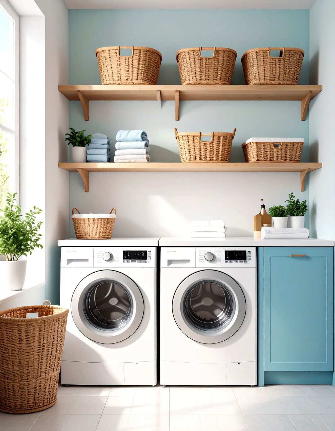 Overhead Shelving with Baskets - 24 Laundry Basket Storage Ideas