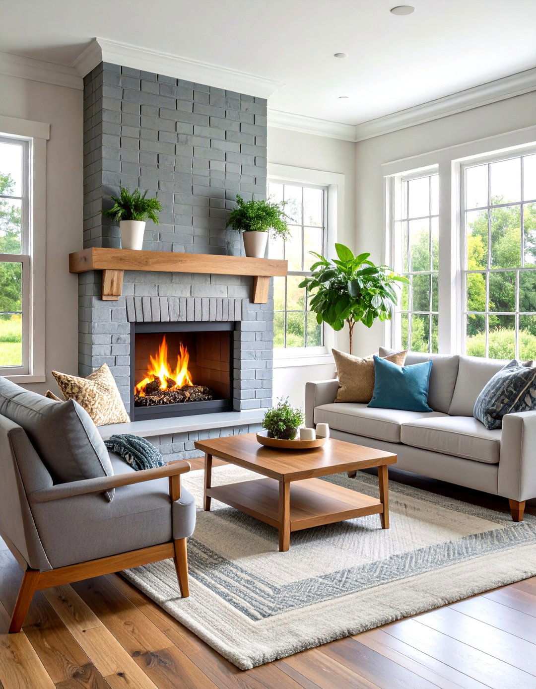 Painted Brick Modern Farmhouse - 24 Rustic Living Room With a Brick Fireplace Ideas
