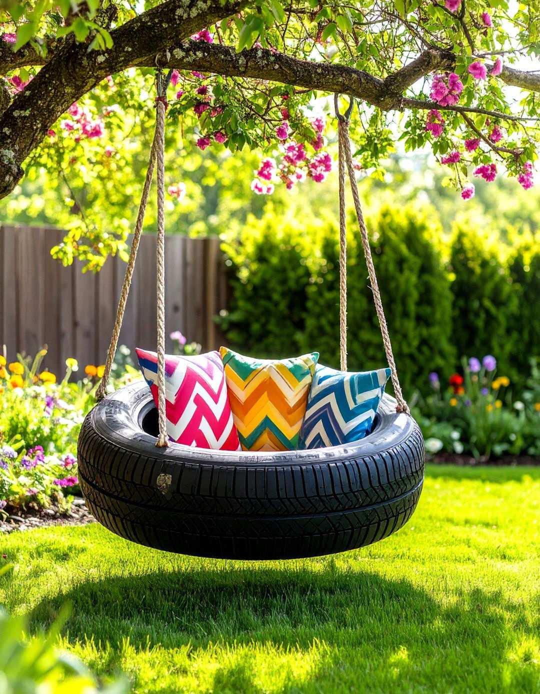 Painted Geometric Pattern Tire Swing - 24 Tire Swing Ideas
