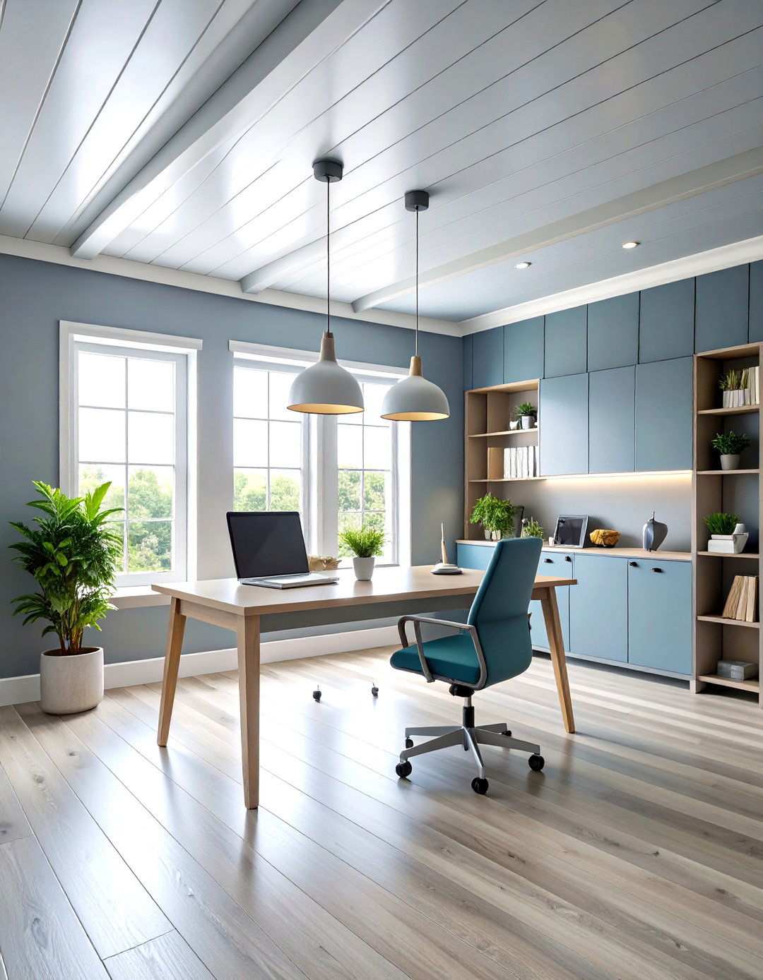 Painted Gray Minimalist Home Office - 24 Shiplap Ceiling Ideas