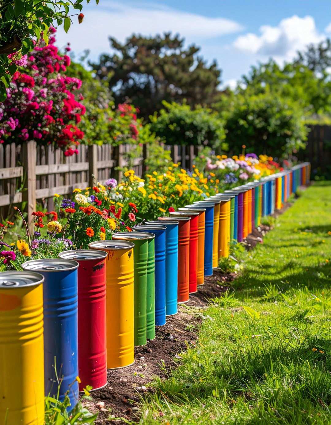 Painted Tin Can Borders - 24 Recycled Garden Edging Ideas