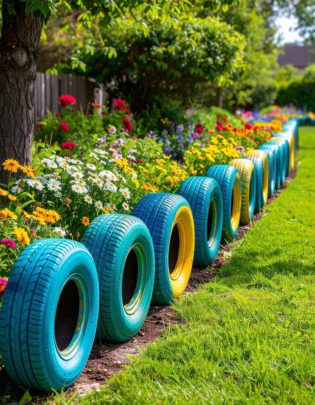 Painted Tire Ring Edging - 24 Recycled Garden Edging Ideas
