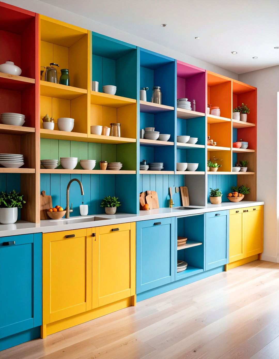 Painted Wood Color Block Shelving - 24 Open Shelving Kitchen Ideas