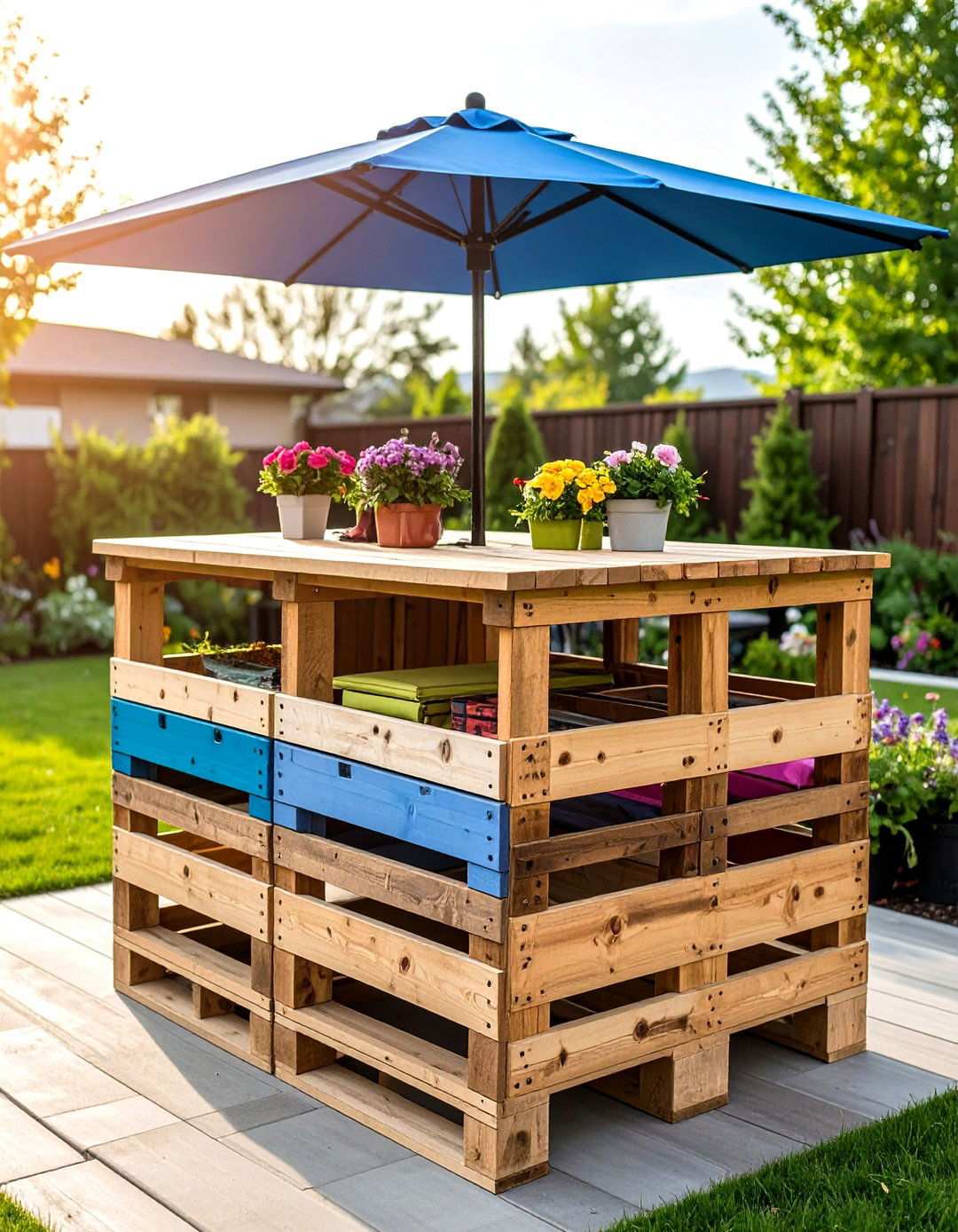 Pallet Outdoor Bar Table with Umbrella Base - 24 Pallet Furniture Ideas