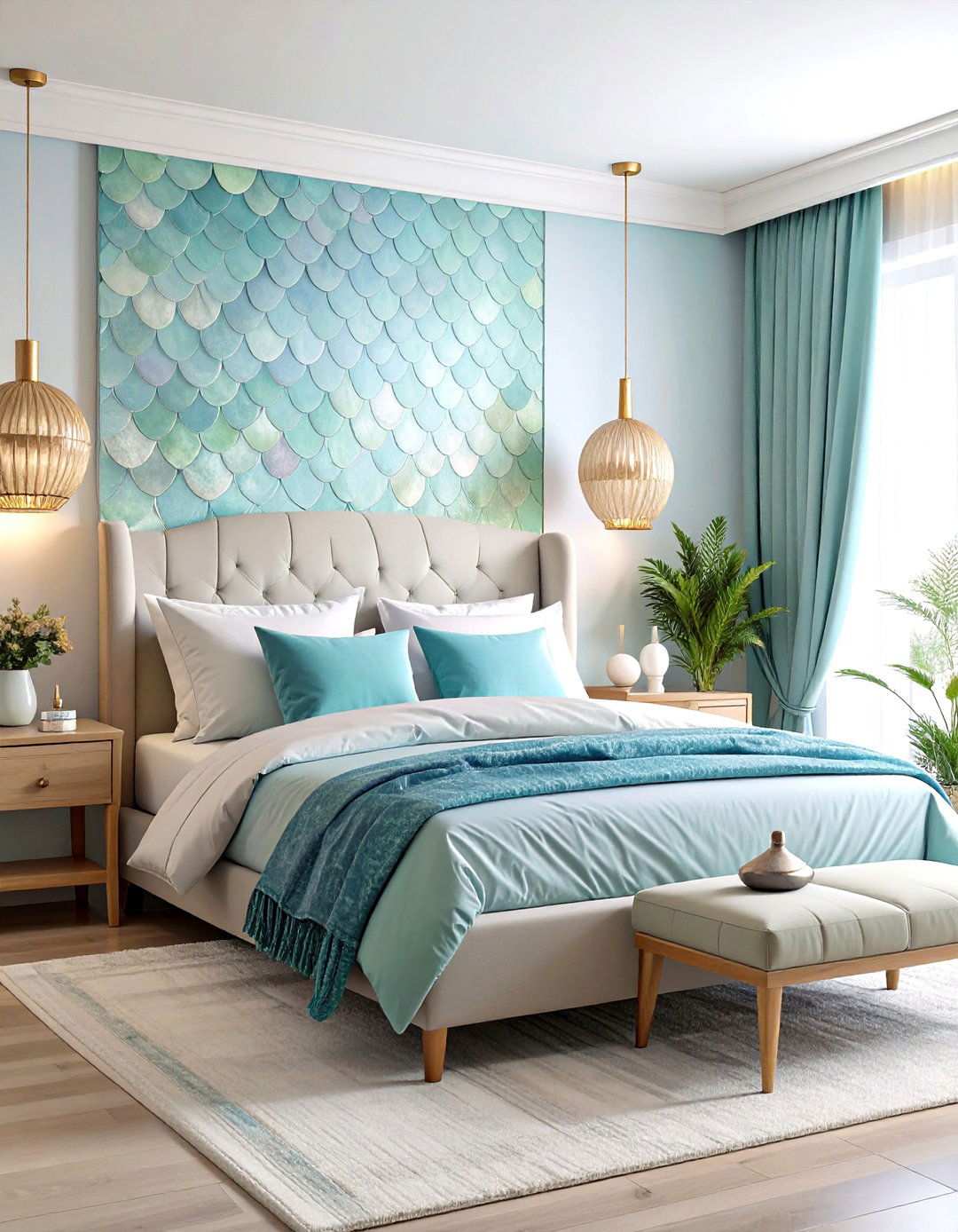 Pastel Mermaid Scale Wallpaper Feature Wall - 24 Mermaid Bedroom Ideas