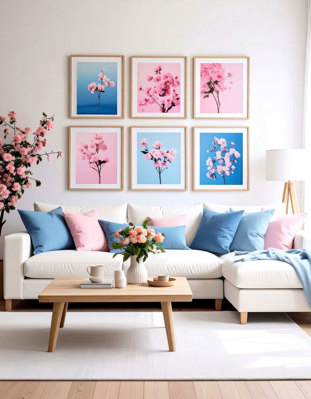 Pastel Pink and Blue Gallery Wall with White Furniture - 24 Pink and Blue Living Room Ideas