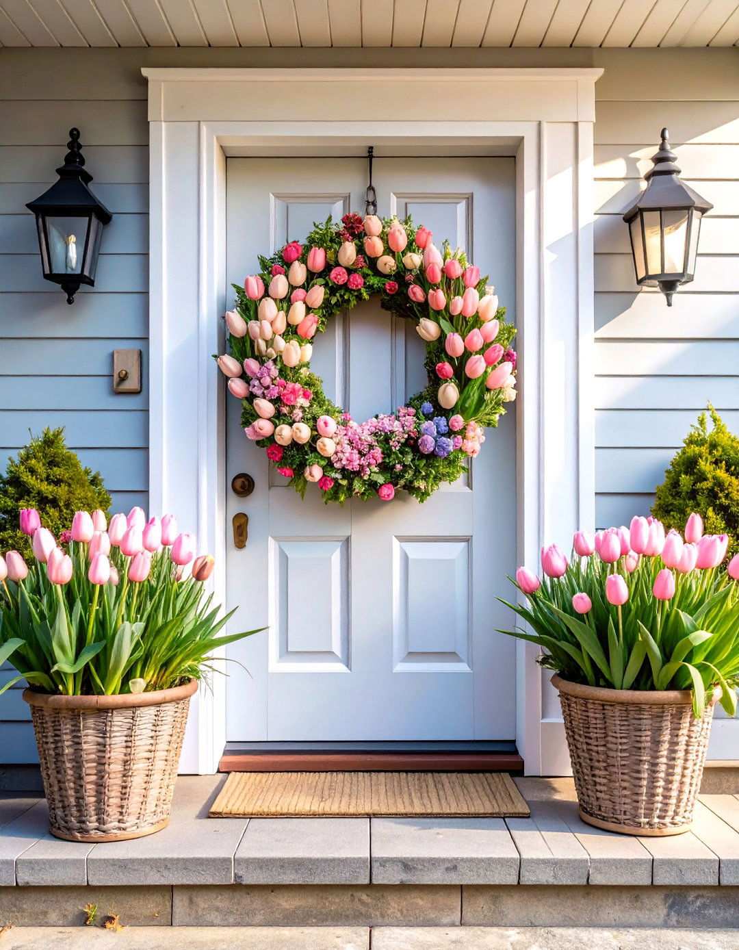 Pastel Tulip Wreath Display - 24 Spring Front Door Decor Ideas