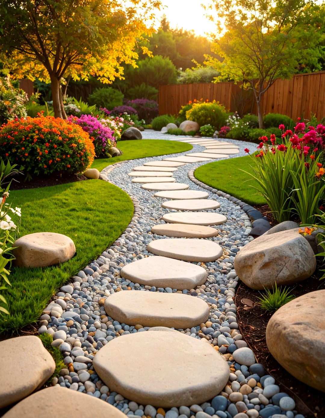 Pathway Intersection Features - 24 River Rock Edging Ideas