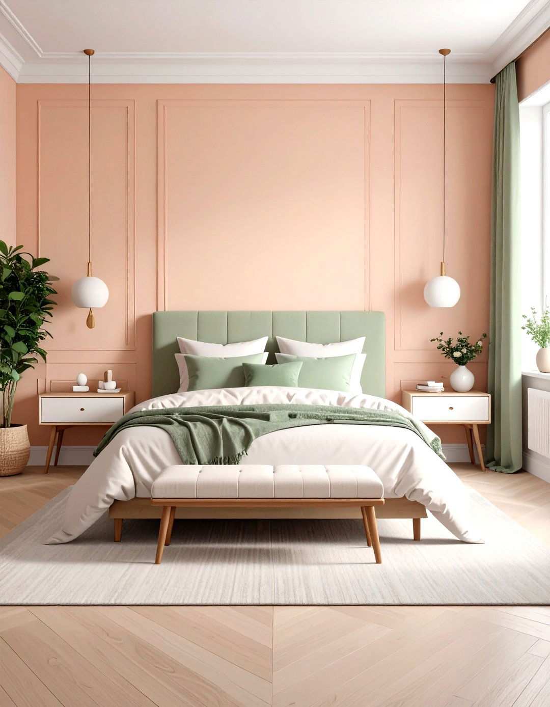 Peach and Sage Green Minimalist Bedroom - 24 Peach Bedroom Ideas