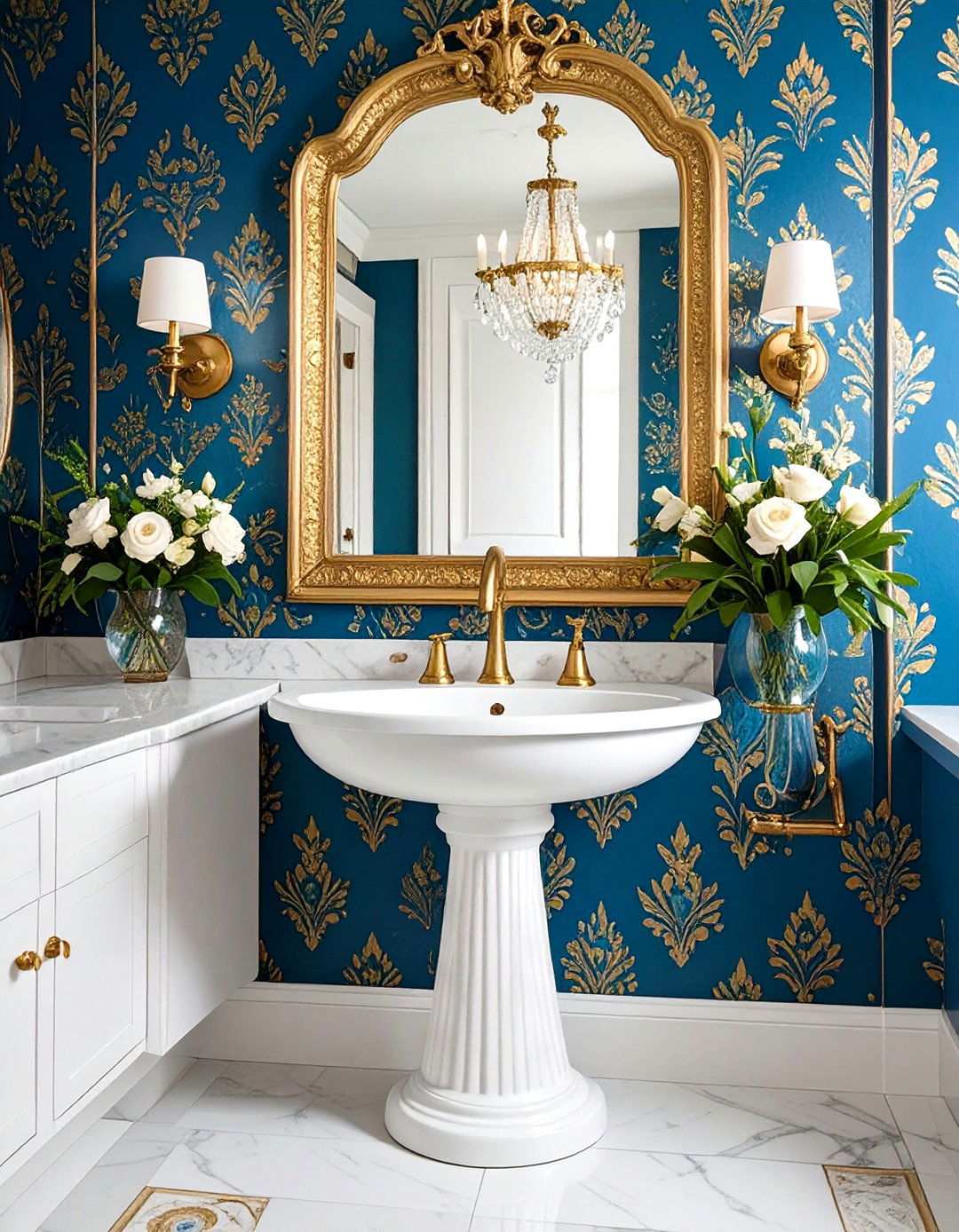 Peacock Blue Powder Room with Dramatic Wallpaper - 24 Ways to Decorate With Jewel Tones