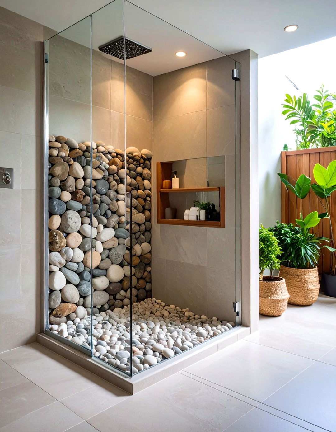 Pebble Stone Shower Niches - 24 Stone Bathroom Ideas