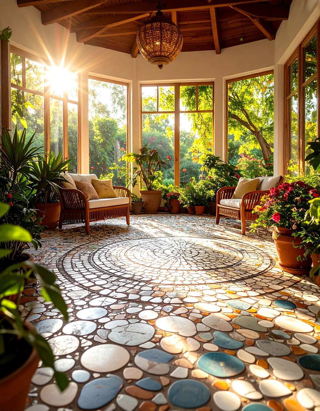 Penny Round Mosaic Sunroom Flooring - 24 Sunroom Tile Floor Ideas