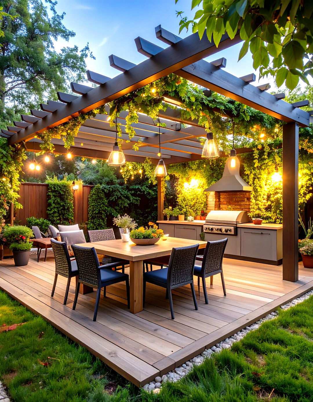 Pergola Covered Summer Kitchen with Climbing Vines - 24 Summer Kitchen Ideas