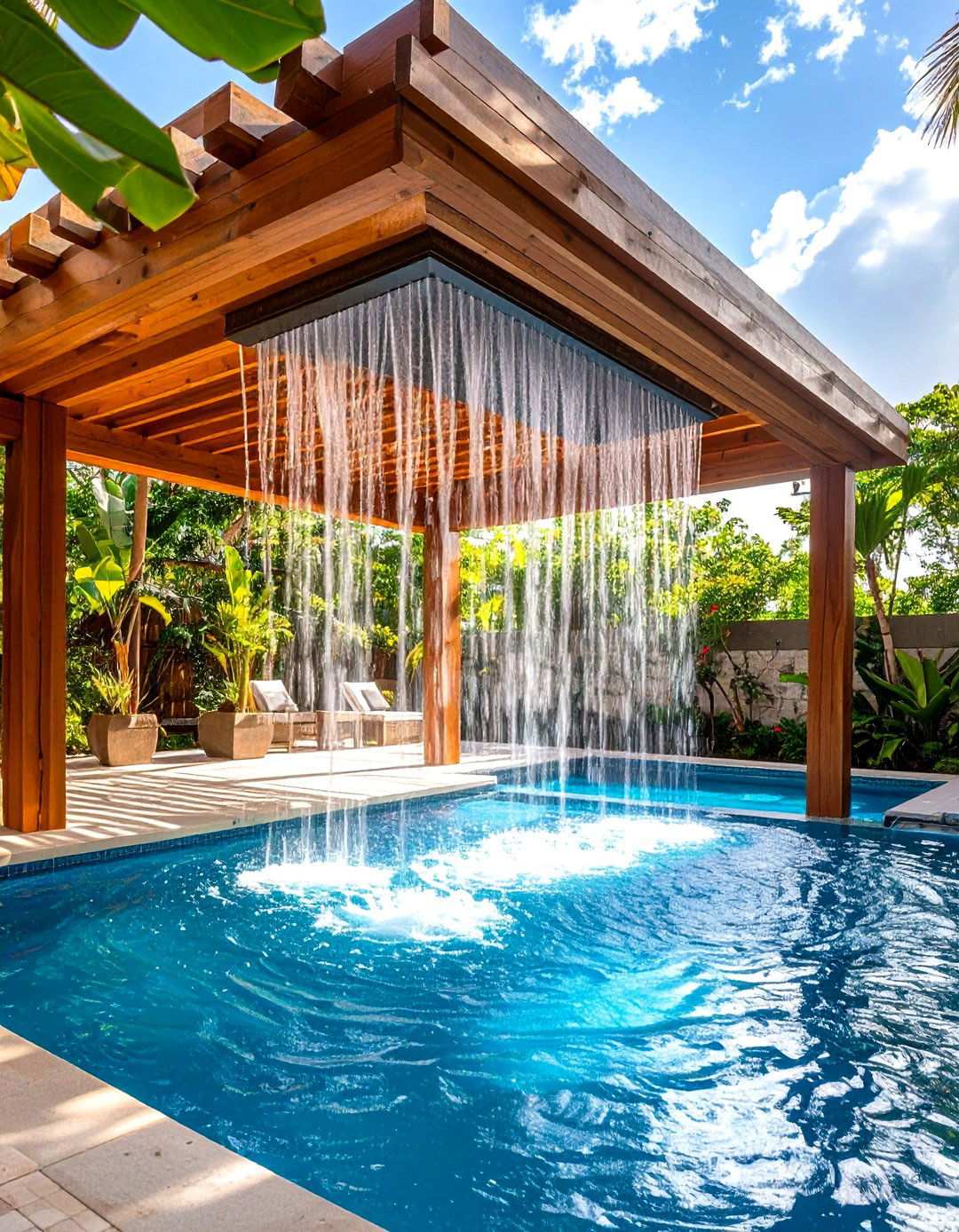 Pergola Integrated Rain Features - 24 Small Pool Waterfall Ideas