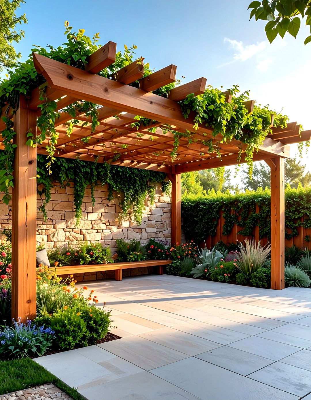Pergola Integration Wall Design - 24 Patio Wall Ideas