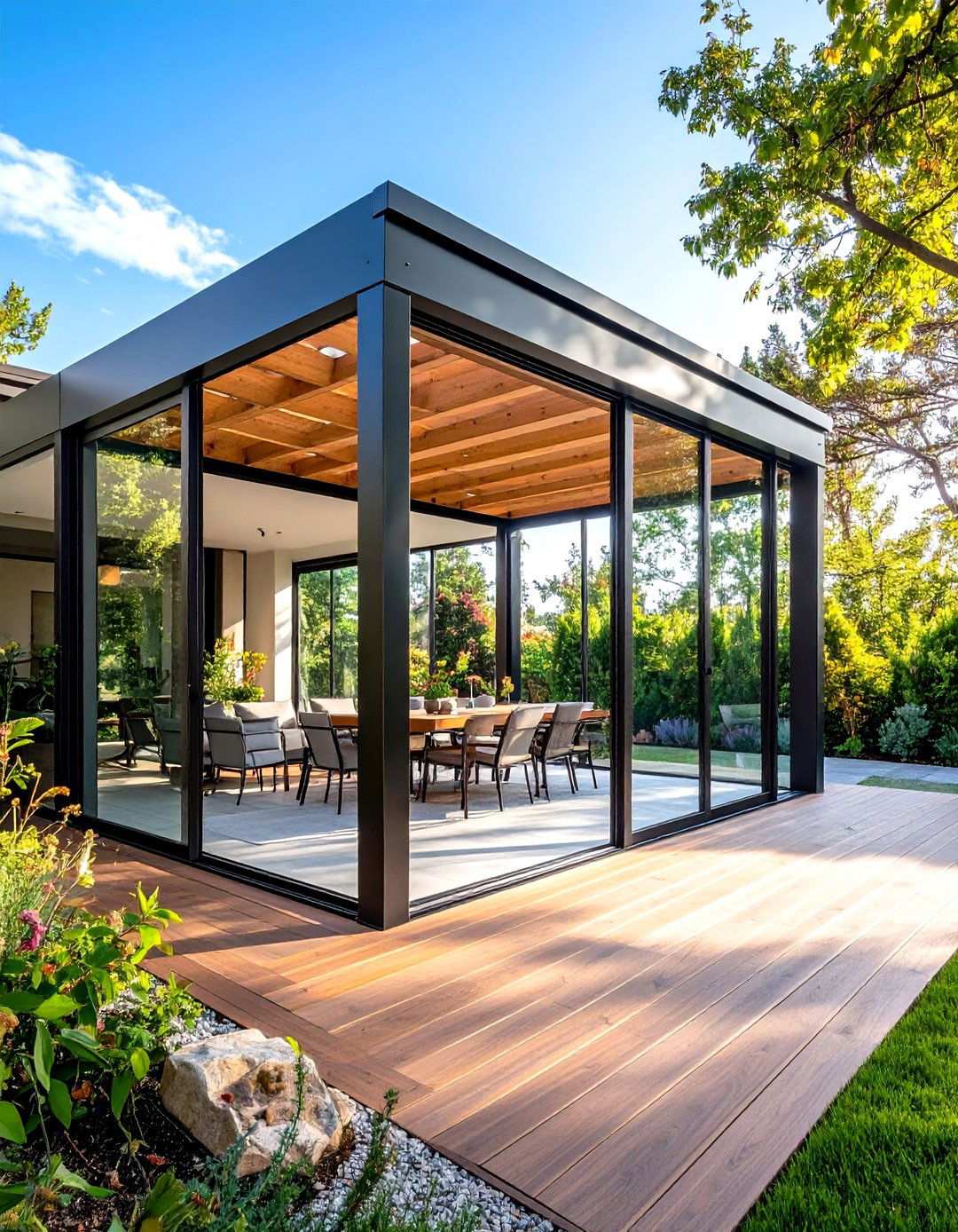 Pergola with Tempered Glass Panels - 24 Small Patio Pergola Ideas