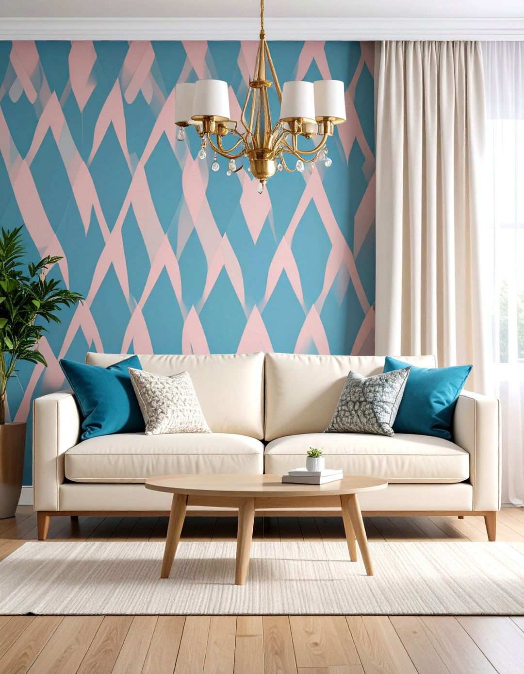 Pink and Blue Geometric Wallpaper with Neutral Furniture - 24 Pink and Blue Living Room Ideas