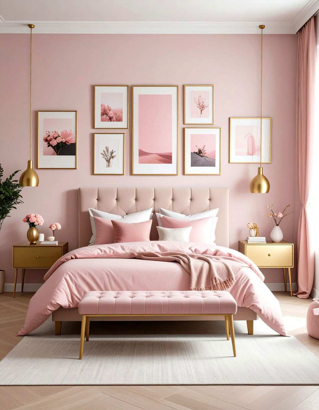 Pink and Gold Gallery Wall Display - 24 Pink and Gold Bedroom Ideas