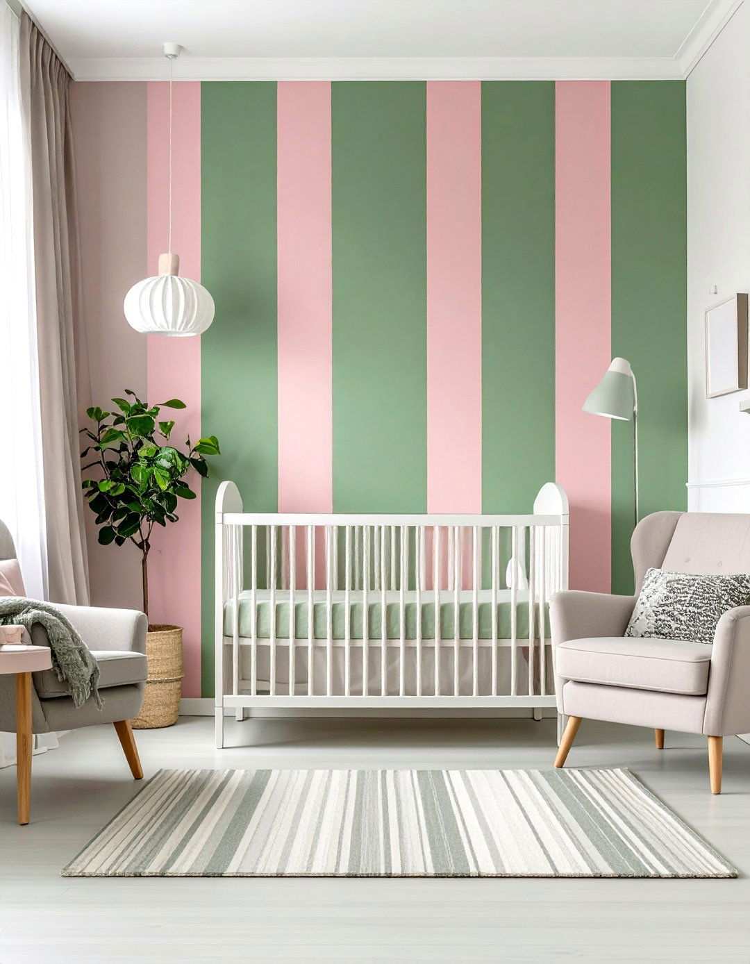 Pink and Green Stripe Combination Walls - 24 Pink and Green Nursery Ideas