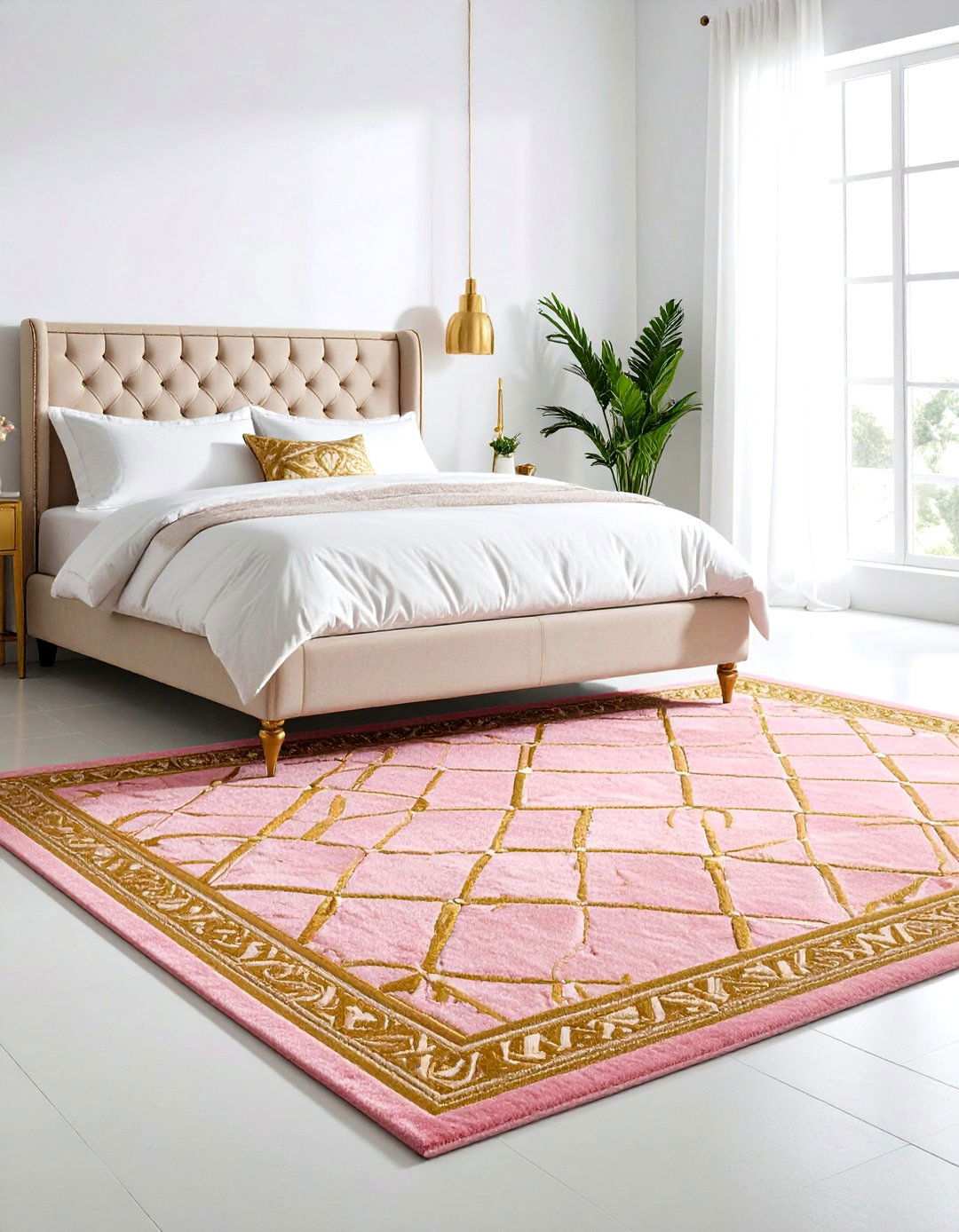 Pink Area Rug with Gold Geometric Patterns - 24 Pink and Gold Bedroom Ideas