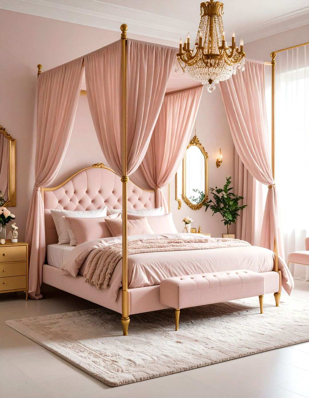 Pink Canopy Bed with Golden Details - 24 Pink and Gold Bedroom Ideas