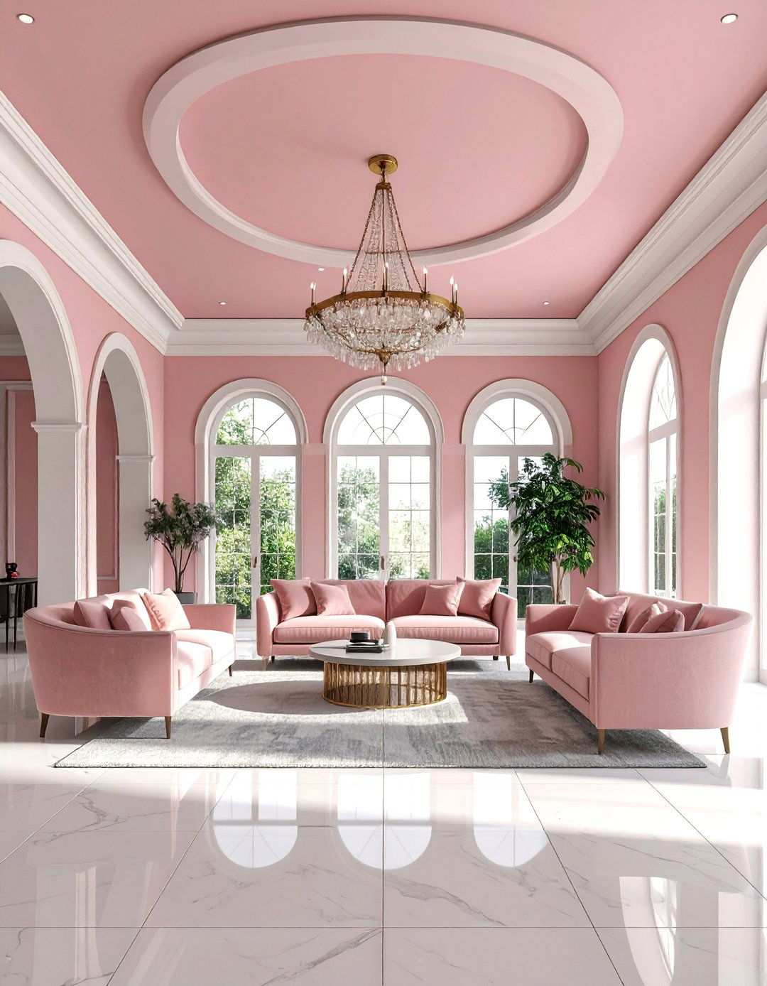 Pink Ceiling with Grey Foundation Elements - 24 Pink and Grey Living Room Ideas