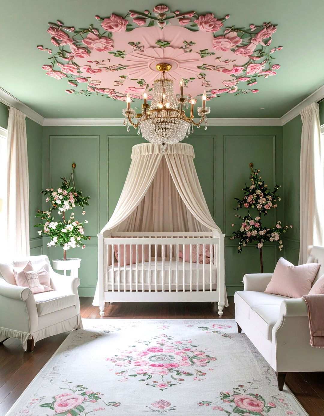 Pink Floral Ceiling Medallion with Green Walls - 24 Pink and Green Nursery Ideas