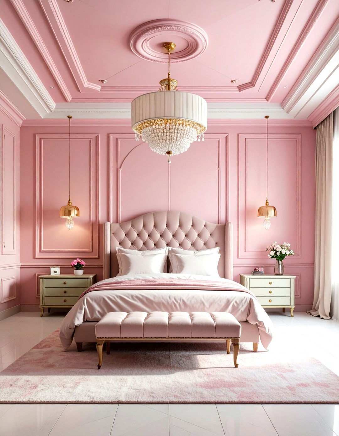 Pink Geometric Ceiling with Green Wainscoting - 24 Pink and Green Bedroom Ideas