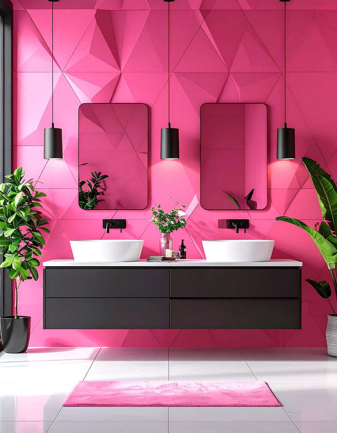 Pink Geometric Wallpaper with Black Hardware - 24 Pink and Black Bathroom Ideas