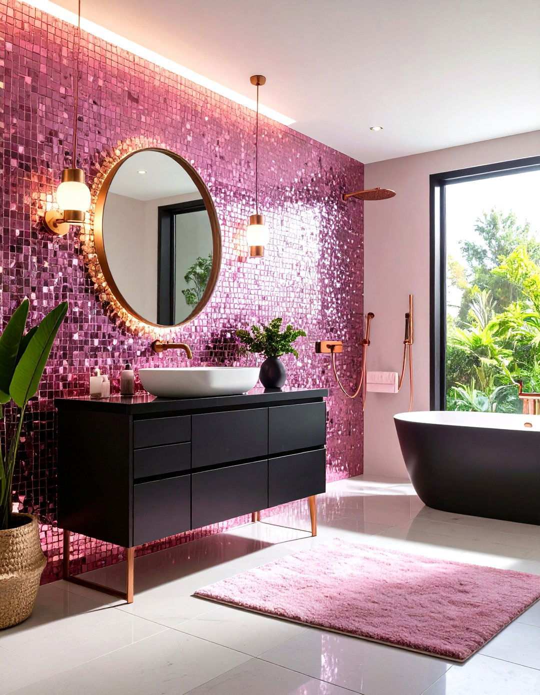 Pink Glass Mosaic Accent Wall with Black Vanity - 24 Pink and Black Bathroom Ideas