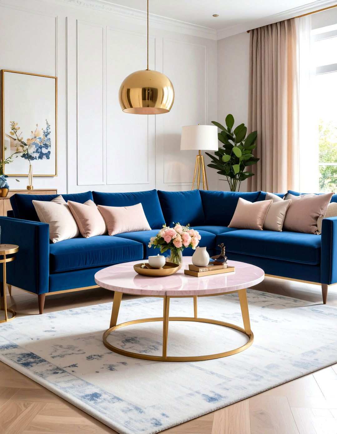 Pink Marble Coffee Table with Blue Velvet Sofa Combination - 24 Pink and Blue Living Room Ideas