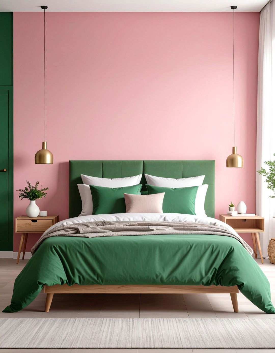 Pink Ombre Wall Treatment with Green Bedding - 24 Pink and Green Bedroom Ideas