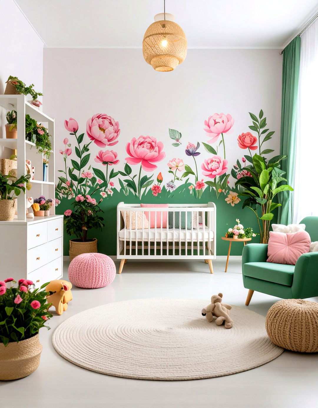 Pink Peony and Green Botanical Wall Decals - 24 Pink and Green Nursery Ideas