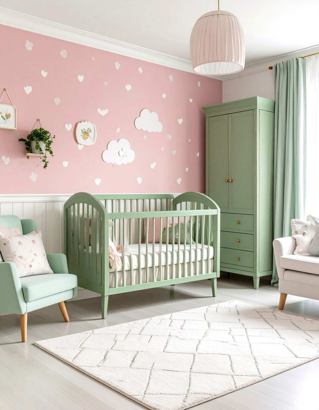 Pink Scalloped Wallpaper with Green Furniture - 24 Pink and Green Nursery Ideas