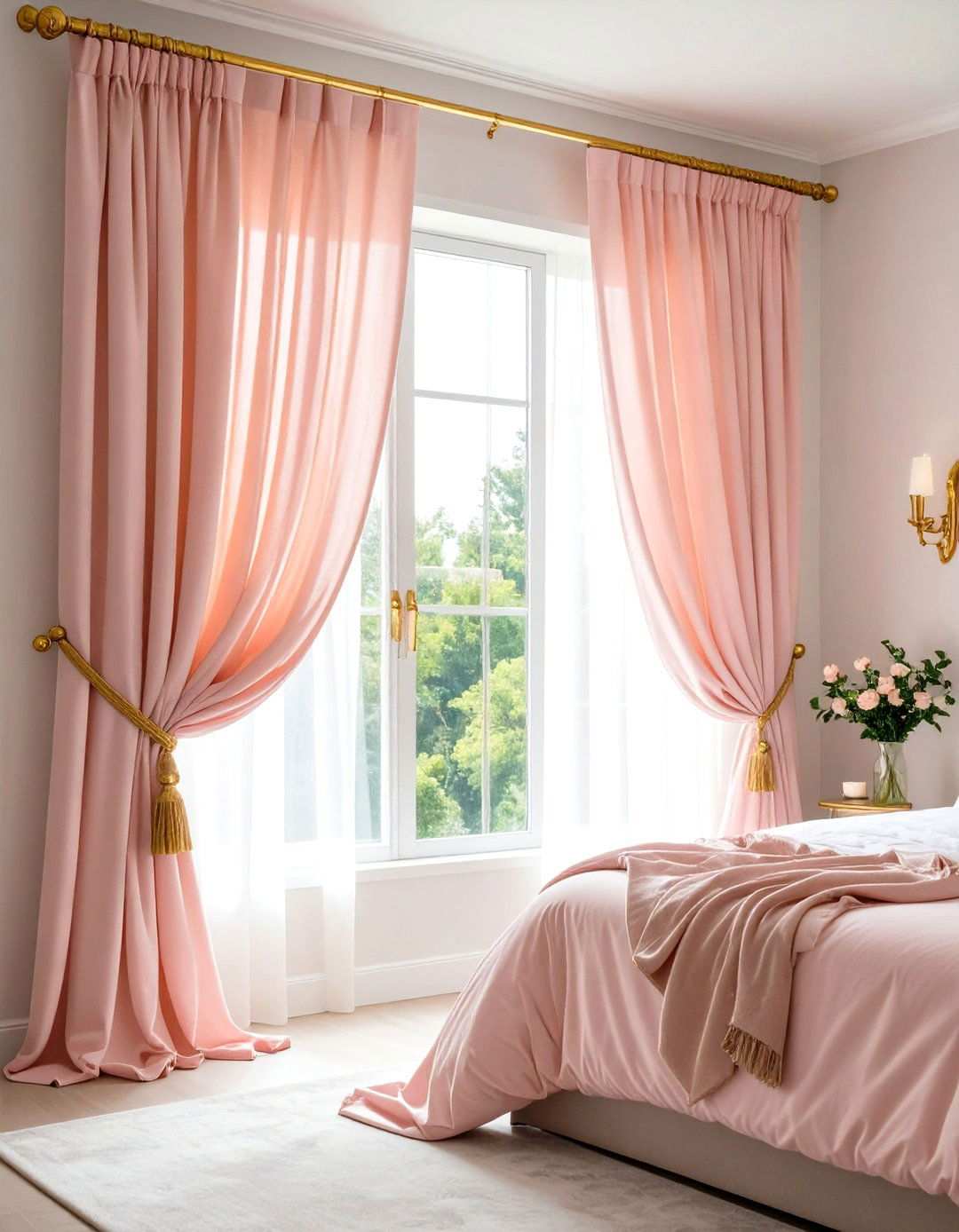 Pink Sheer Curtains with Gold Hardware - 24 Pink and Gold Bedroom Ideas