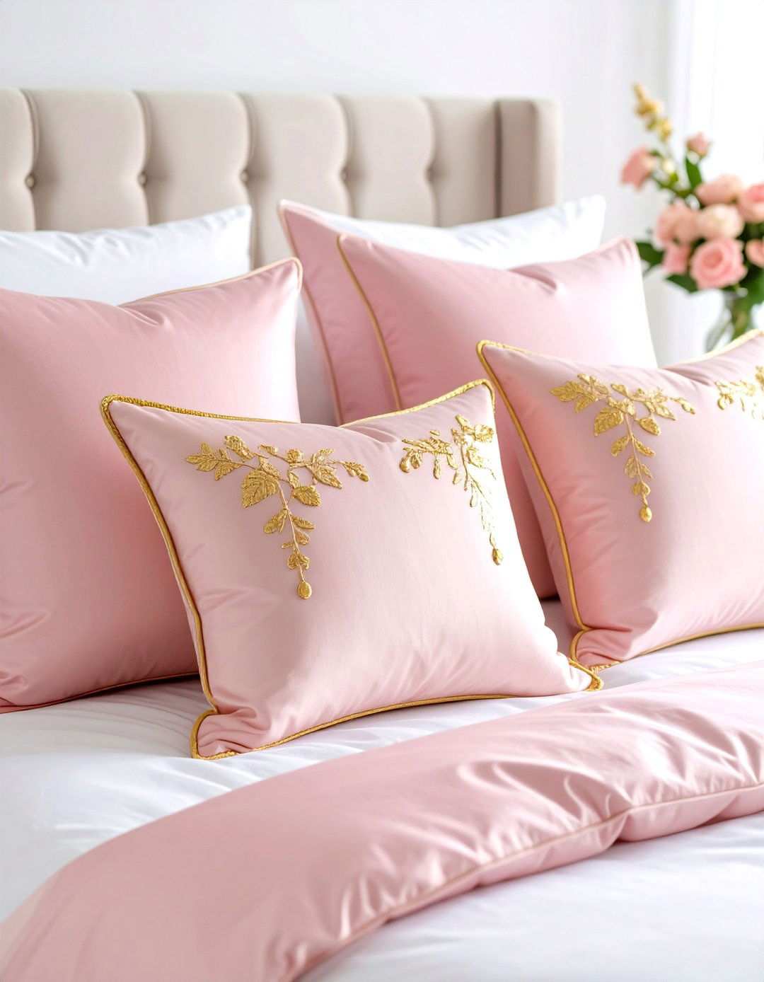 Pink Throw Pillows with Gold Embellishments - 24 Pink and Gold Bedroom Ideas