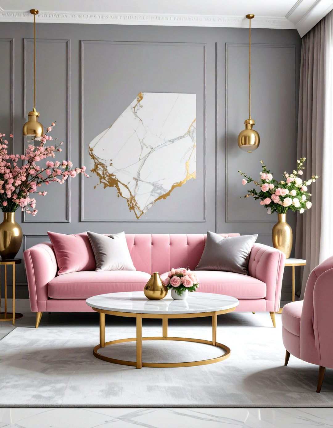 Pink Velvet Furniture in Grey Toned Room - 24 Pink and Grey Living Room Ideas