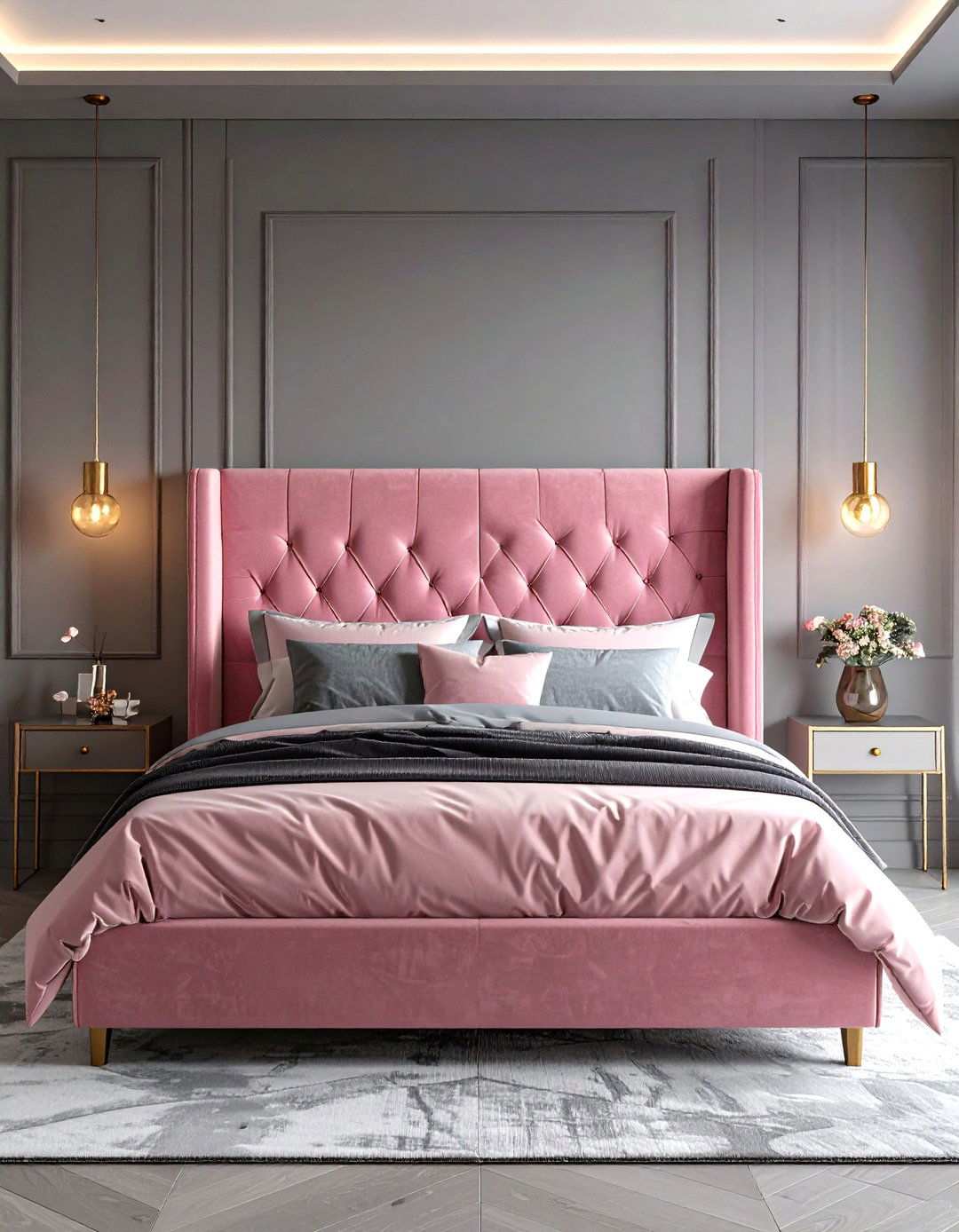 Pink Velvet Headboard with Grey Walls - 24 Pink and Grey Bedroom Ideas