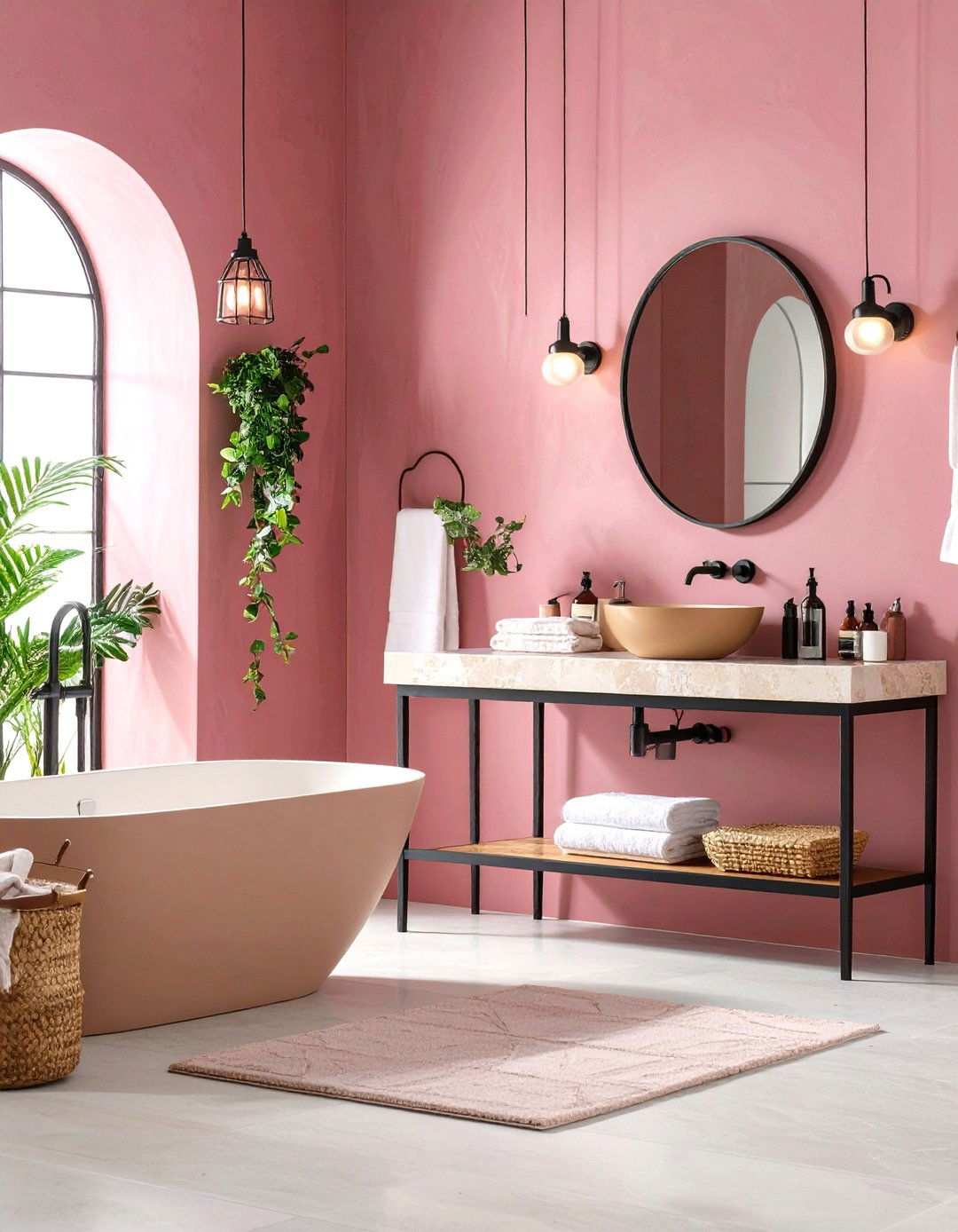 Pink Venetian Plaster with Black Hardware Details - 24 Pink and Black Bathroom Ideas
