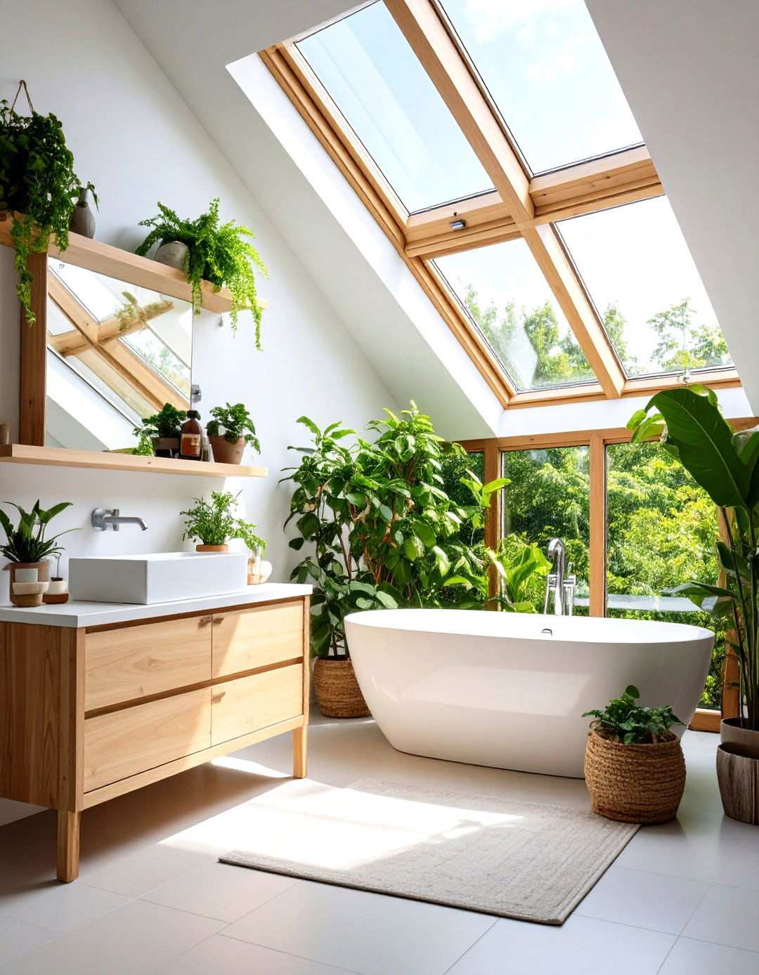 Plant Filled Bathroom with Natural Light Features - 24 Japandi Bathroom Ideas