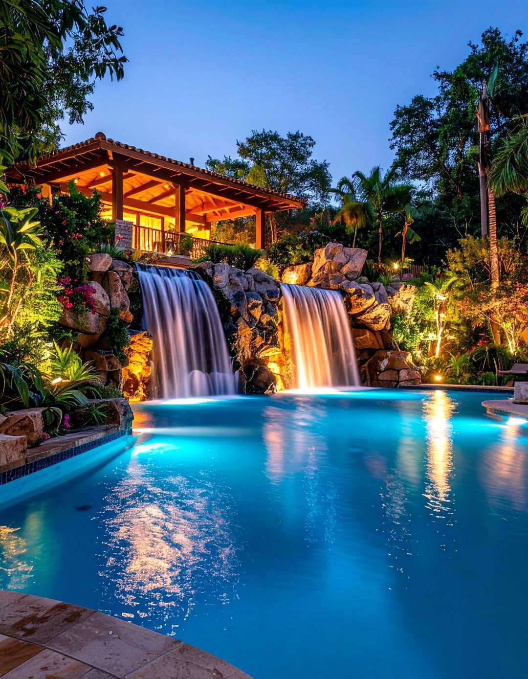 Pool Water Feature Cascade Lighting - 24 Pool Lighting Ideas