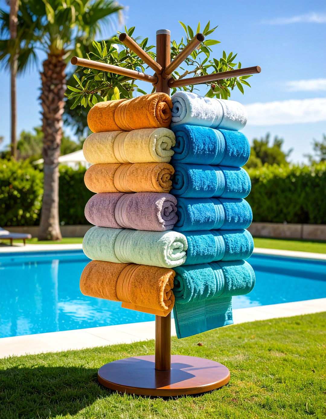 Poolside Towel Trees with Multiple Arms - 24 Pool Storage Ideas