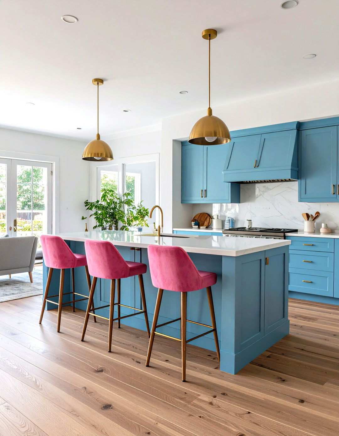 Powder Blue Kitchen Islands with Pink Bar Stools - 24 Pink and Blue Living Room Ideas