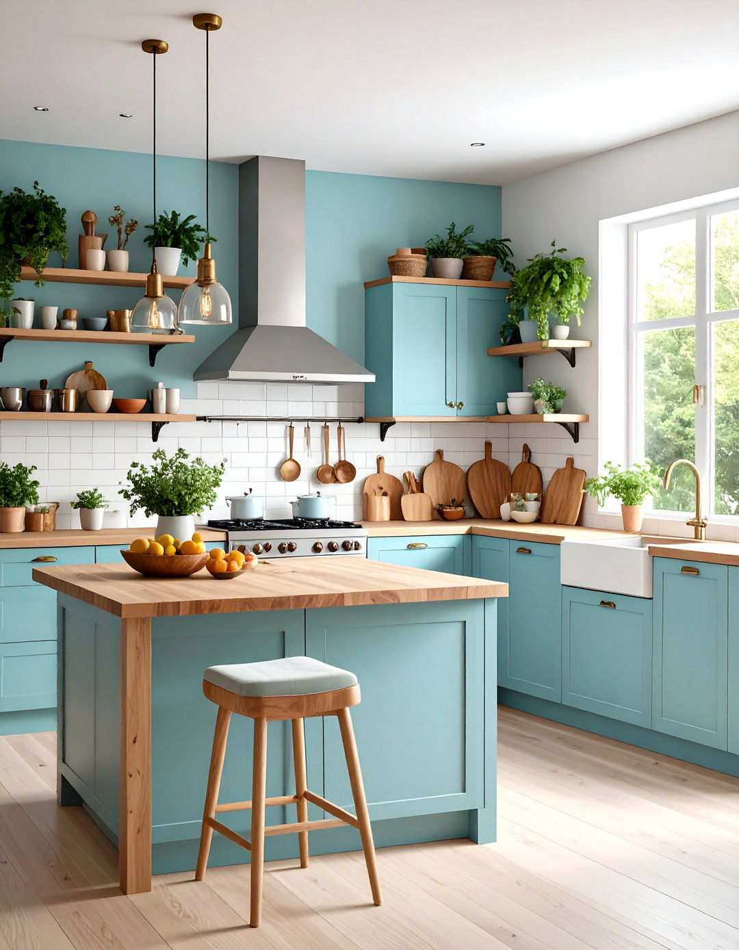Powder Blue Open Shelving with Mixed Materials - 24 Light Blue Kitchen Cabinets Ideas