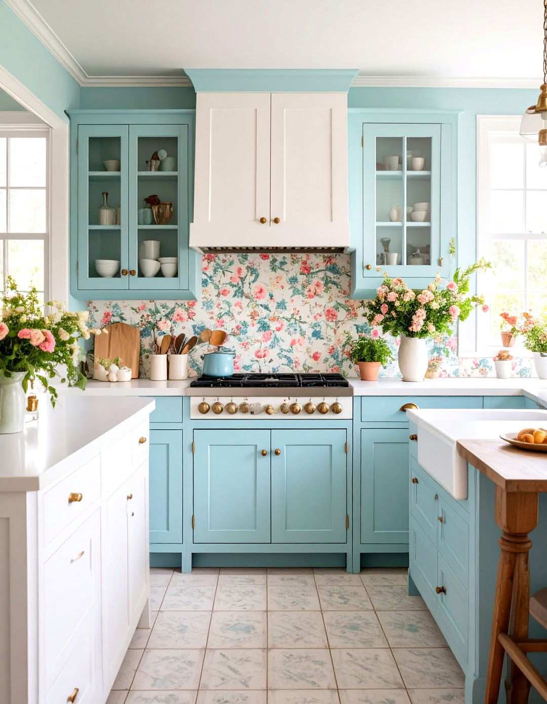 Powder Blue Quartz Shabby Chic Kitchen - 24 kitchens with blue countertops